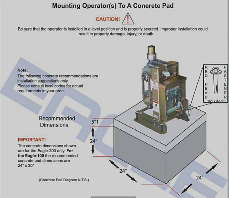 Concrete Slab for the Eagle 200 Gate Opener, this same size slab is also for the 200 1HP and the 200DM Eagle Gate Operators
