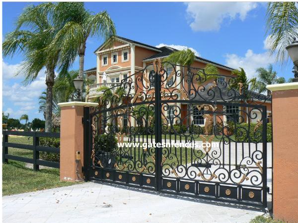 This Estate Custom Driveway Gate is made of Aluminum, painted with powder coat oven baked with Gold Accent
